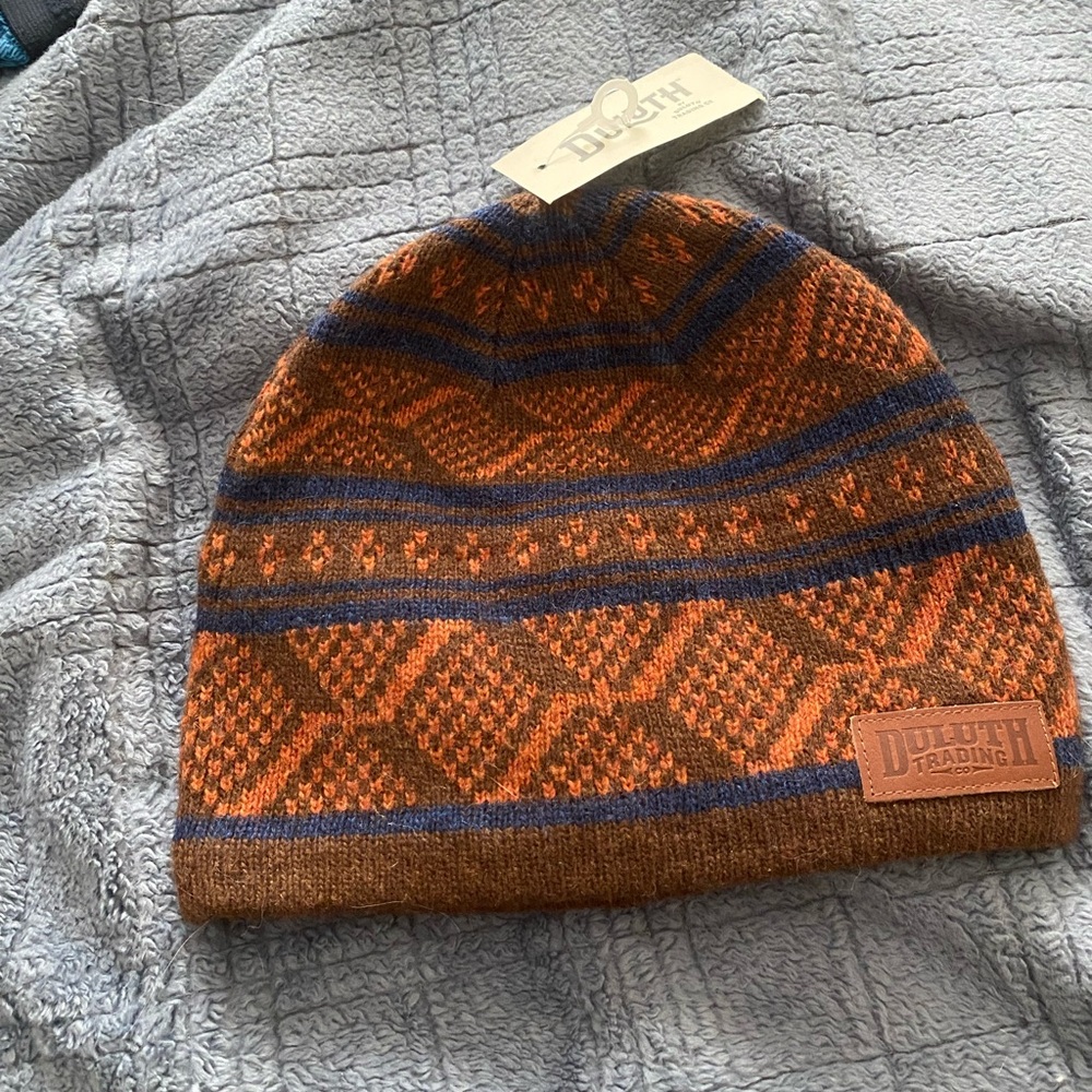 Duluth Trading Co Men's Wooly Mammoth Orange and Brown Patterned Beanie